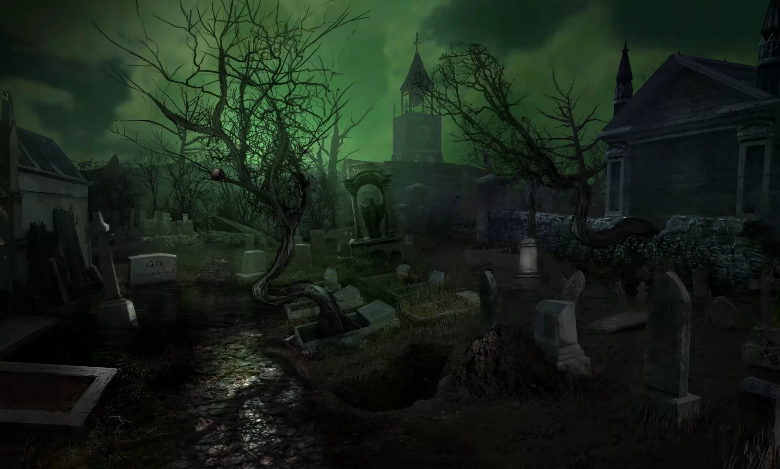 Concept art of the cemetery vista from Ghostbusters: The Video Game