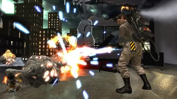 Official gameplay screenshot featuring a Ghostbuster in combat from Ghostbusters: The Video Game