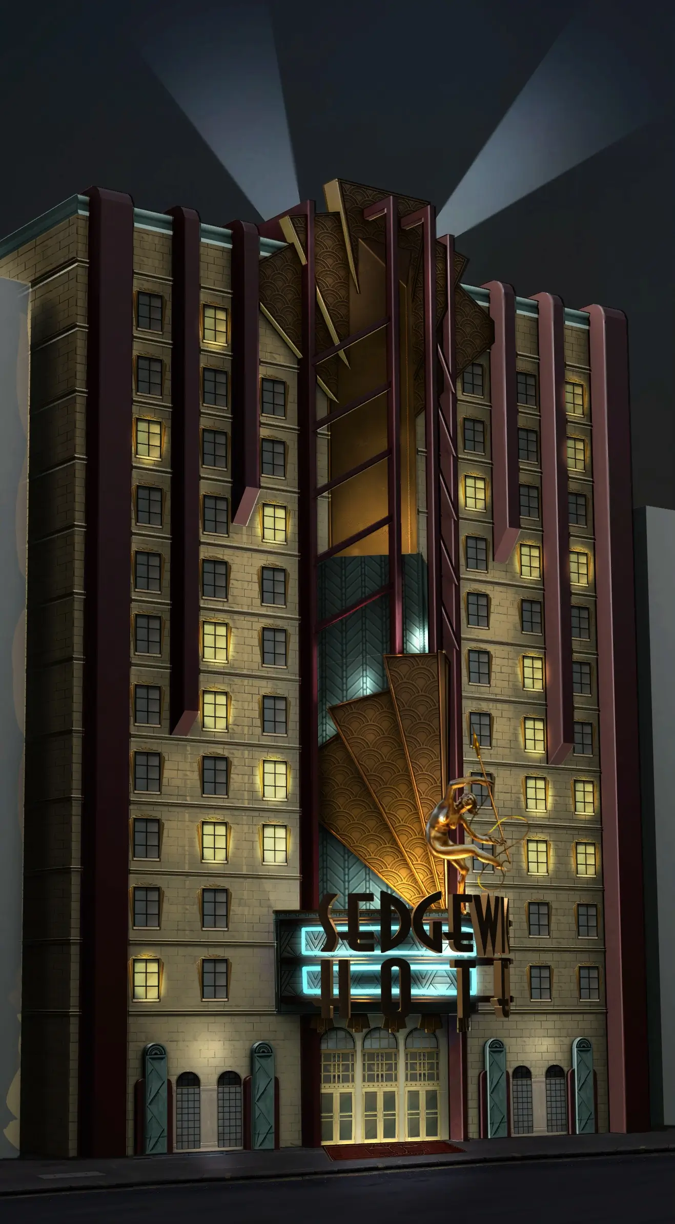 Concept art of the Sedgewick Hotel exterior from Ghostbusters: The Video Game