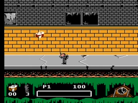 Ghostbusters II NES screenshot showing side-scrolling street combat with ghosts